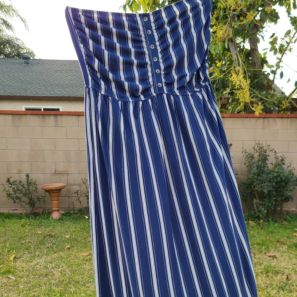 Strapless Blue Striped Maxi